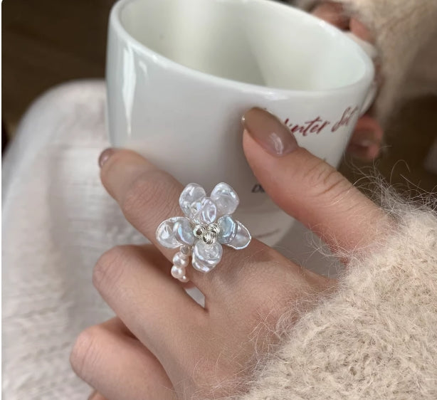 Flower Silver Baroque Pearl Camellia Petal Ring