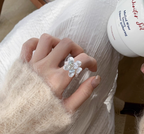 Flower Silver Baroque Pearl Camellia Petal Ring