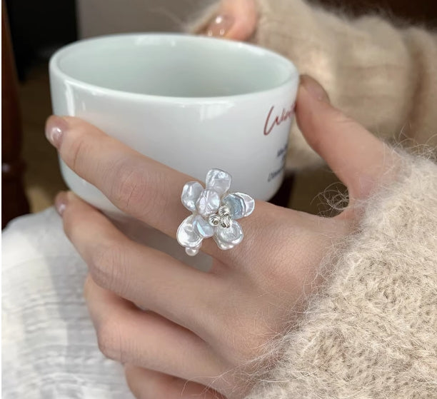 Flower Silver Baroque Pearl Camellia Petal Ring