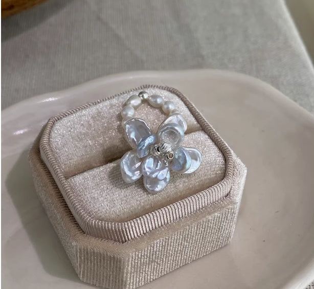 Flower Silver Baroque Pearl Camellia Petal Ring