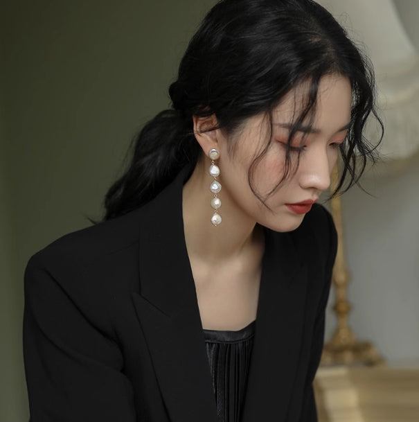 Baroque Freshwater Button Pearl Long Tassel Earrings