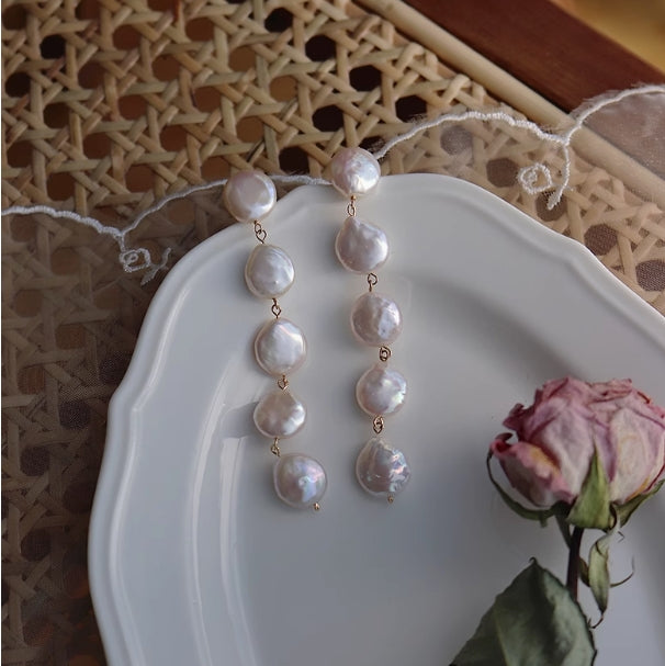 Baroque Freshwater Button Pearl Long Tassel Earrings