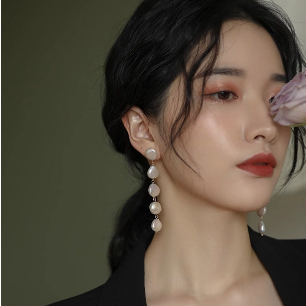 Baroque Freshwater Button Pearl Long Tassel Earrings