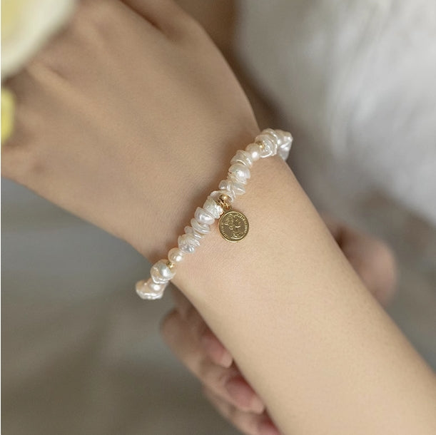 Natural rare baroque freshwater pearl silver bracelet