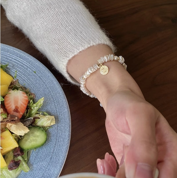 Natural rare baroque freshwater pearl silver bracelet