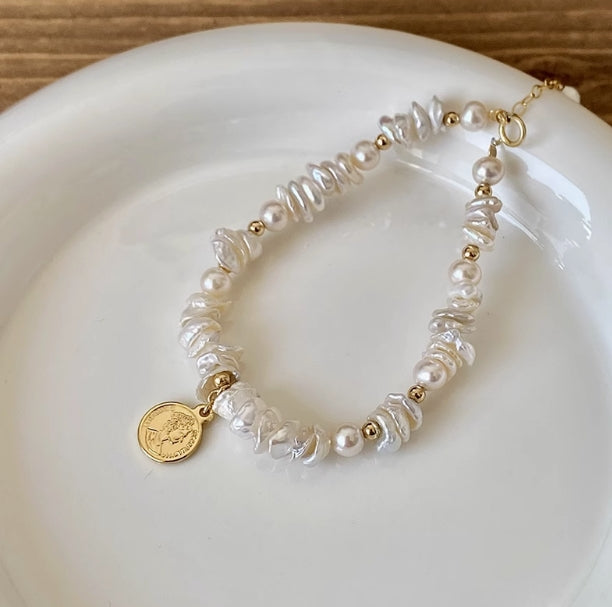 Natural rare baroque freshwater pearl silver bracelet
