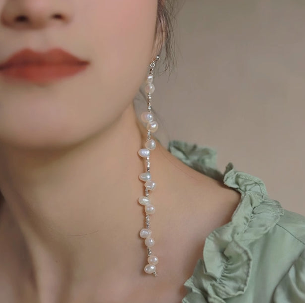 Extra long pearl s925 broken silver sterling silver earrings