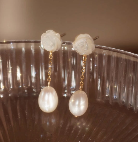 Hand Carved Rose Shell Freshwater Pearl Earrings