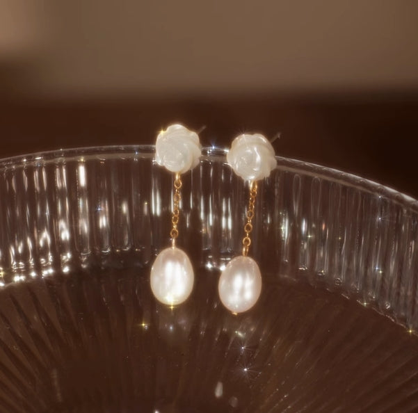 Hand Carved Rose Shell Freshwater Pearl Earrings