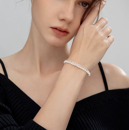 Silver double layer freshwater pearl bracelet