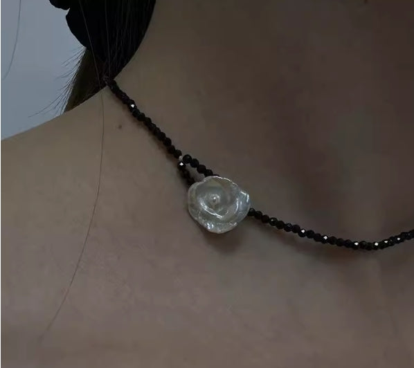Black Spinel Petal Baroque Pearl Necklace