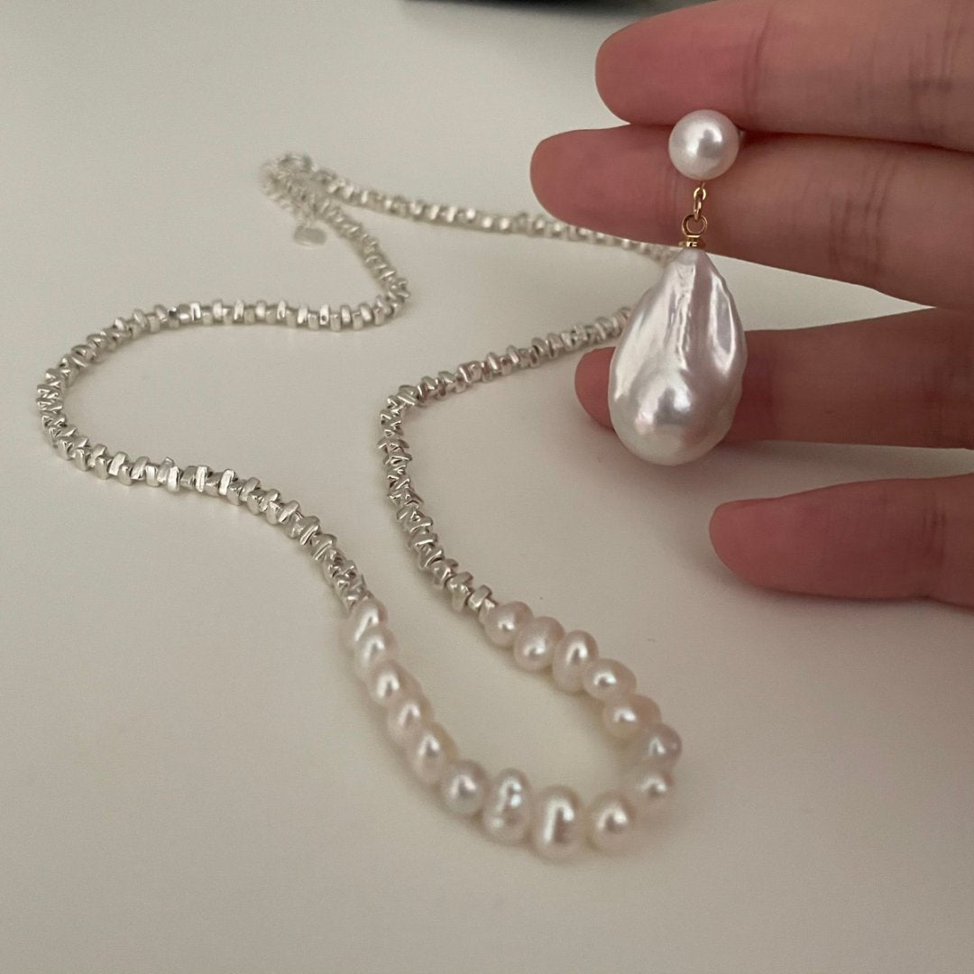 Broken silver flat bead Pearl necklace