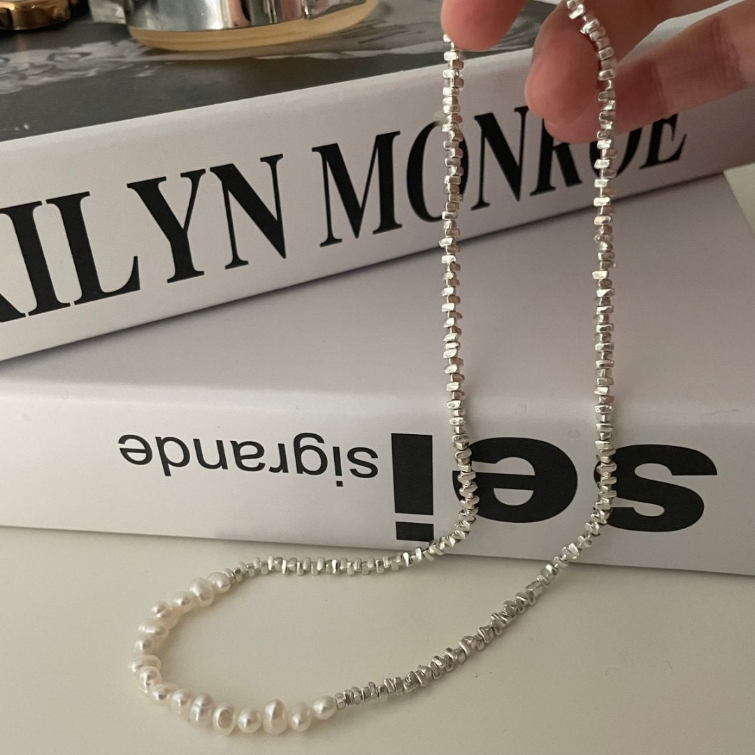 Broken silver flat bead Pearl necklace