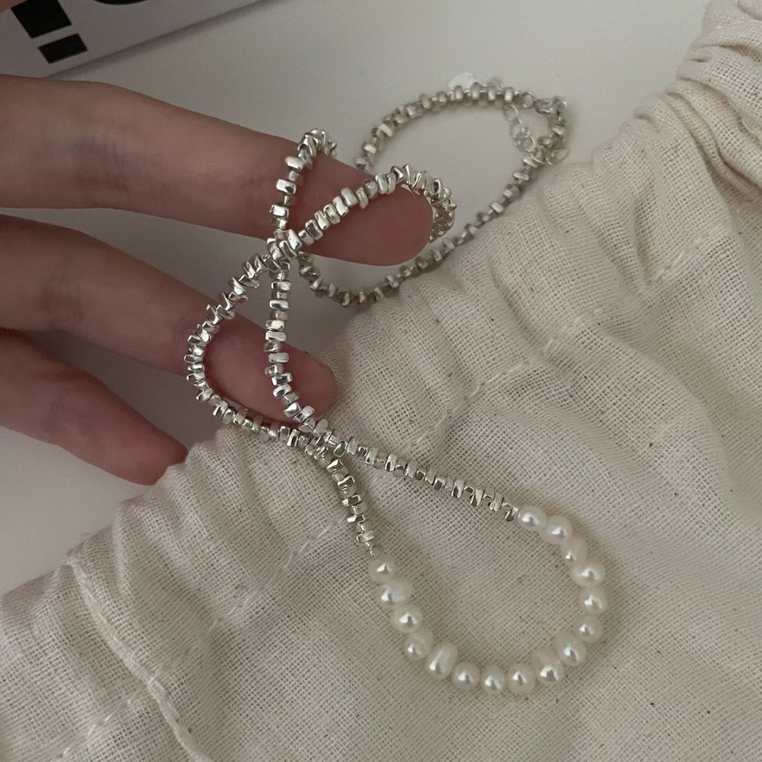 Broken silver flat bead Pearl necklace