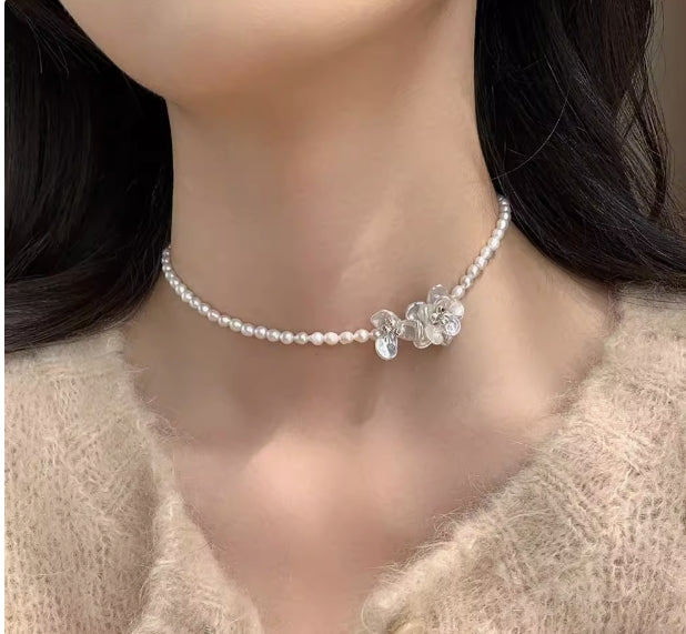 luxury sweet high-grade silver pearl camellia necklace