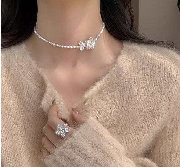 luxury sweet high-grade silver pearl camellia necklace