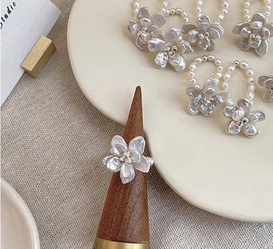 Flower Silver Baroque Pearl Camellia Petal Ring