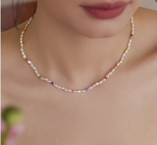 Freshwater Baroque Pearl Clavicle Chain Colorful Beaded Playful Necklace