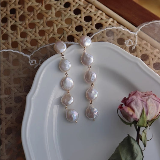 Baroque Freshwater Button Pearl Long Tassel Earrings