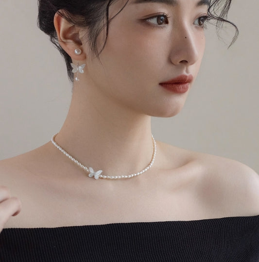 Freshwater pearl s925 sterling silver butterfly necklace