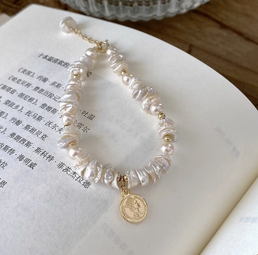 Natural rare baroque freshwater pearl silver bracelet