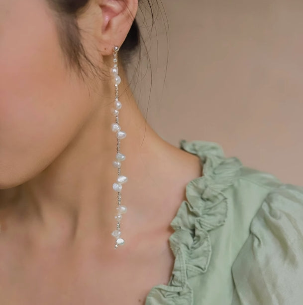 Extra long pearl s925 broken silver sterling silver earrings