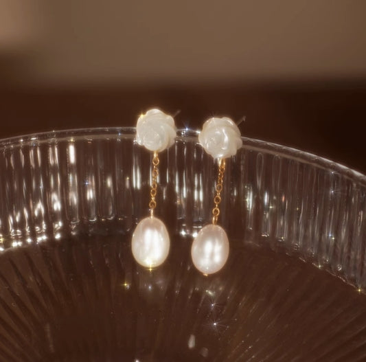 Hand Carved Rose Shell Freshwater Pearl Earrings