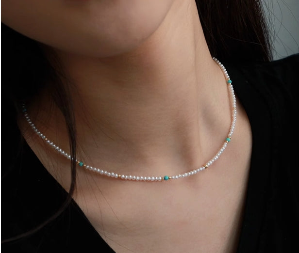 2mm natural fine pearl turquoise necklace