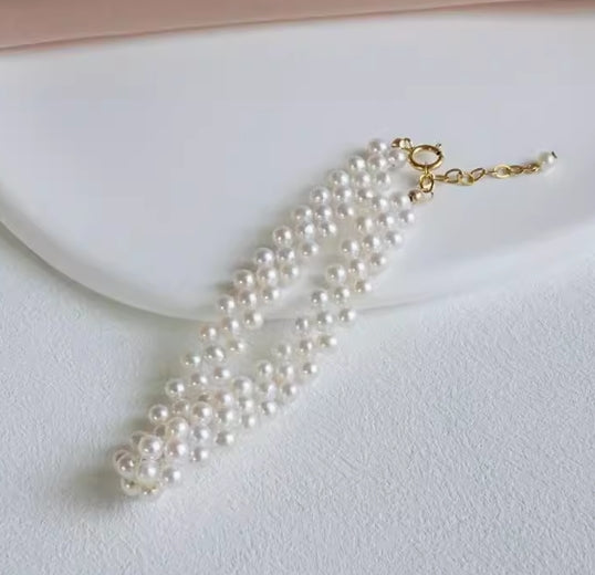 3-4mm natural freshwater nearly round pearl braided bracelet