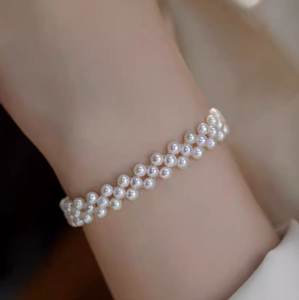 3-4mm natural freshwater nearly round pearl braided bracelet