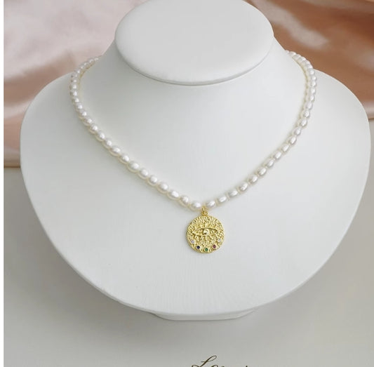 Evil Eye Pendant Freshwater Pearl Necklace