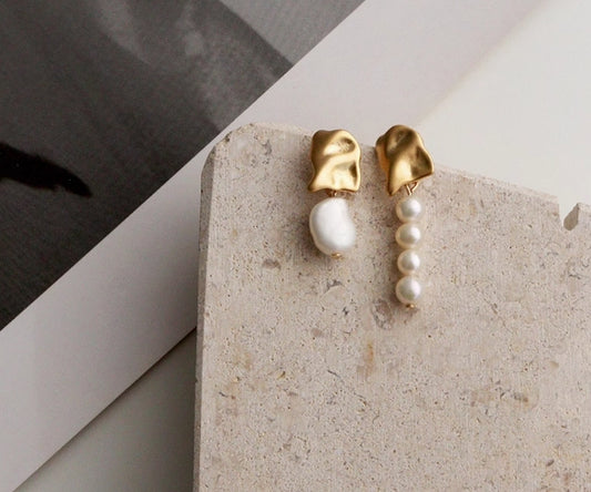 Baroque Asymmetric Rice Pearl Stud Earrings