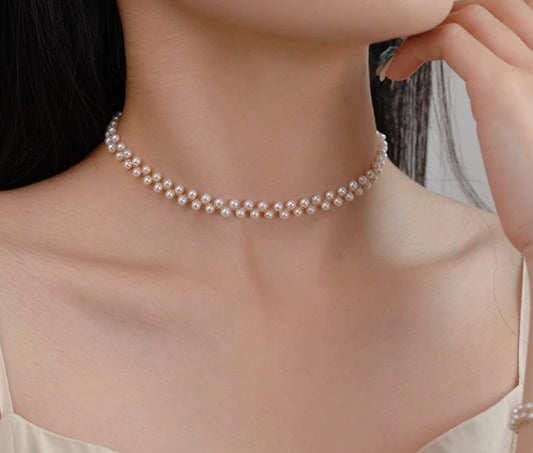 Double row pearl necklace Adjustable mini bracelet necklace